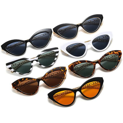 SO&EI Retro Cat Eye Colorful Sunglasses Women Brand Designer Trending Men Metal Chain Shades UV400 Dark Green Sun Glasses