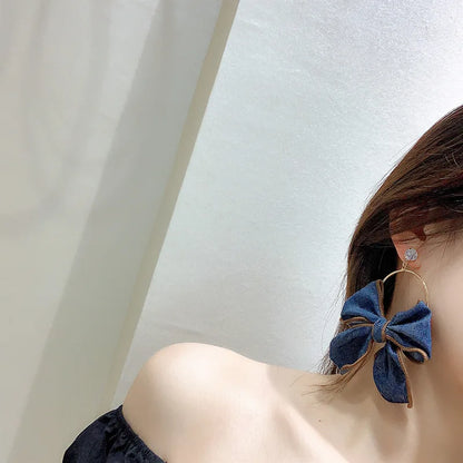 Elegant Women Fashion Crystal Denim Bow Earrings