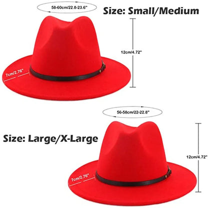 Elegant Wide Brim Women&#39;s Floppy Panama Hat Belt Buckle Wool Fedora Hat Men Jazz Hat Winter Spring RED/BLACK NEW ARRIVAL