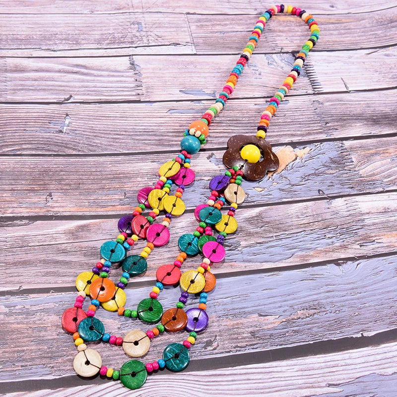 Multi Layer Handmade Wood Long Necklace For Women Big Flower Collar