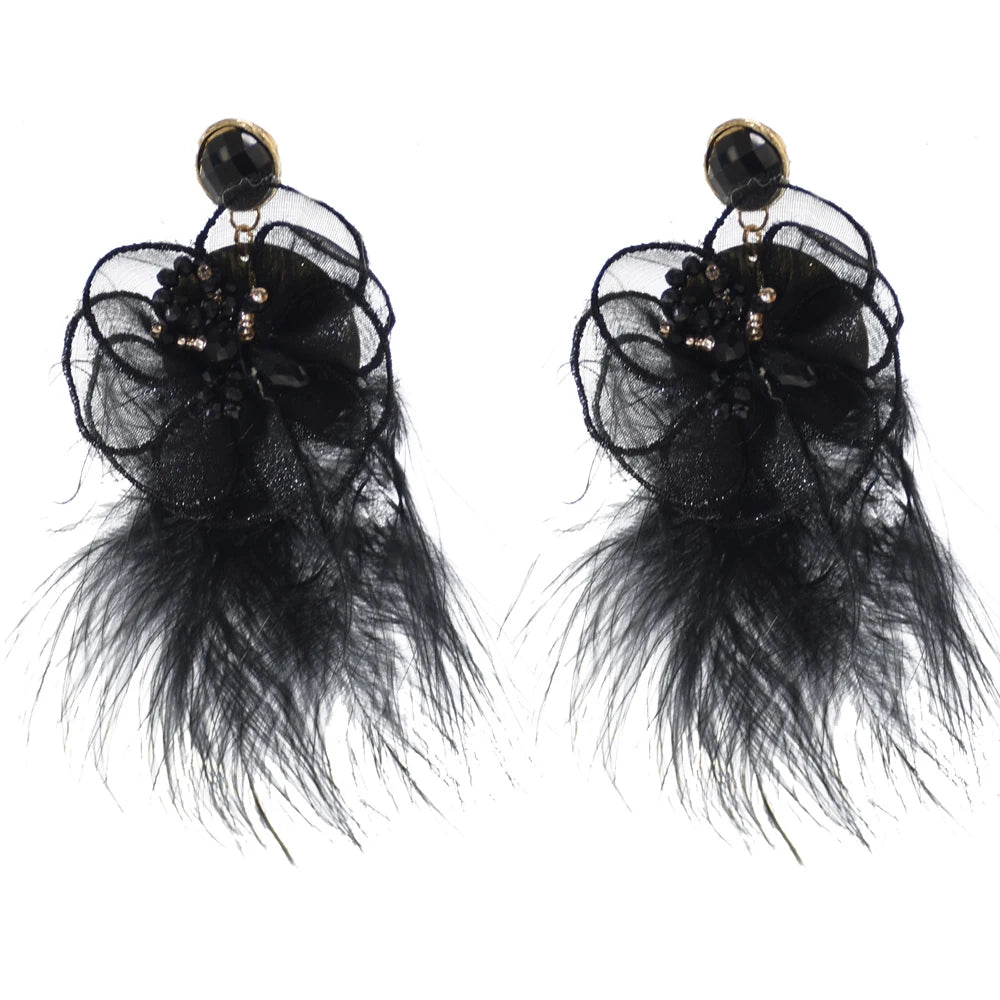 Large Lace Flower Feather Crystal Beads Dangle Stud Earrings