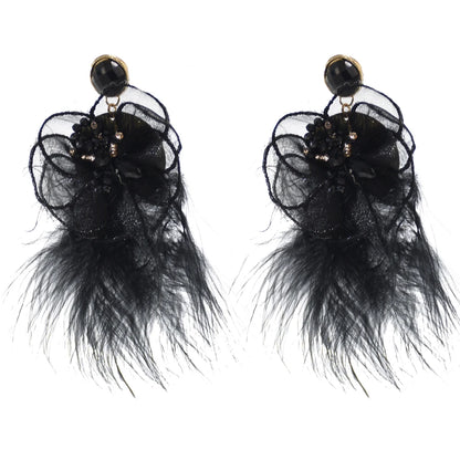 Large Lace Flower Feather Crystal Beads Dangle Stud Earrings