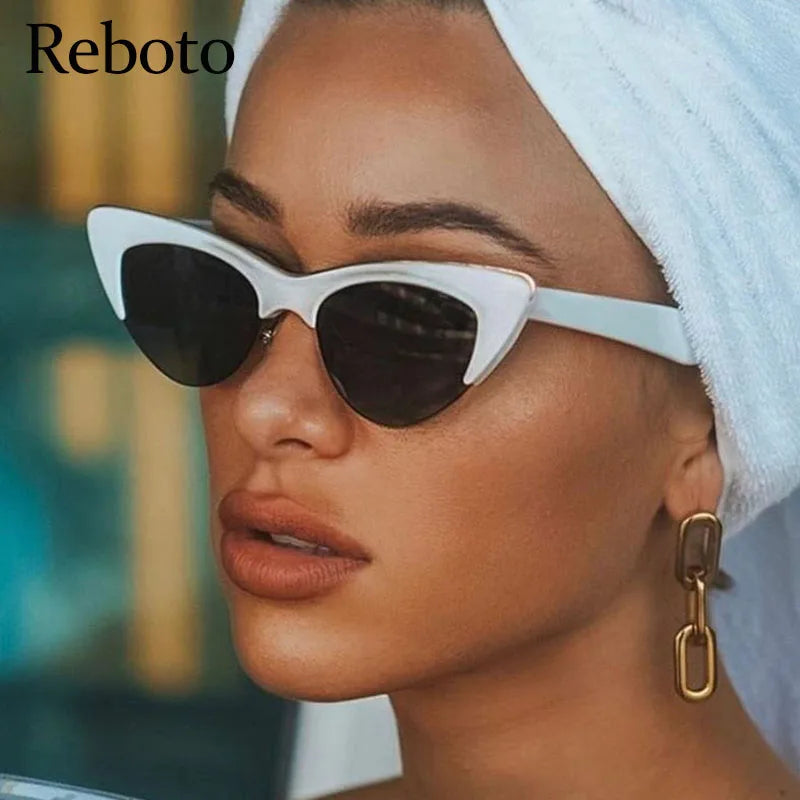 vintage White Cat Eye Sun Glasses For Women Vintage New Fashion Small Half Frame Eyewear Trending Travel Sexy Woman Sunglasses