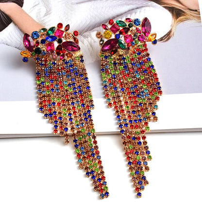 Long Colorful Crystal Chain Tassel Drop Earrings