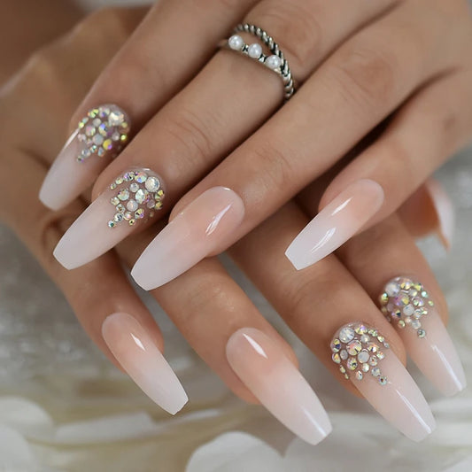 Luxury Fake Nails Designer Extra Long Ombre French Jewelry Pre-designed Nails Natural Stiletto AB Stones Decoration Tips