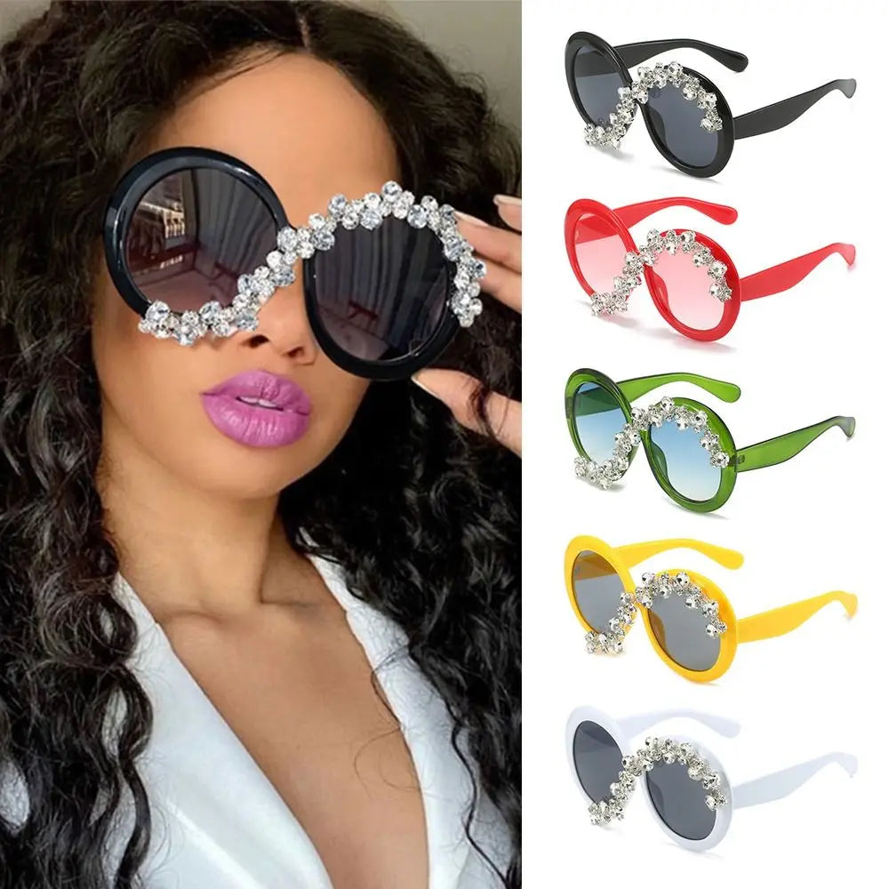 Rhinestone Decor Round Frame Sunglasses Oversized UV400 Protection Aesthetic Sun Glasses Asymmetrical Design Eyeglasses