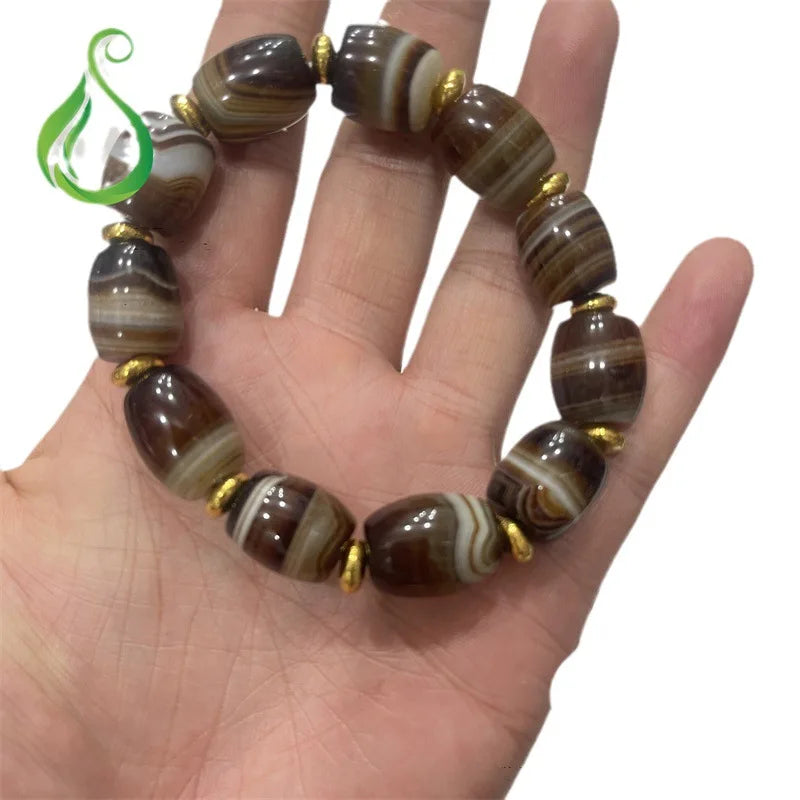 Tibetan Style Black and White Agate Bracelet Barrel Beads Twisted Stripe Jewelry