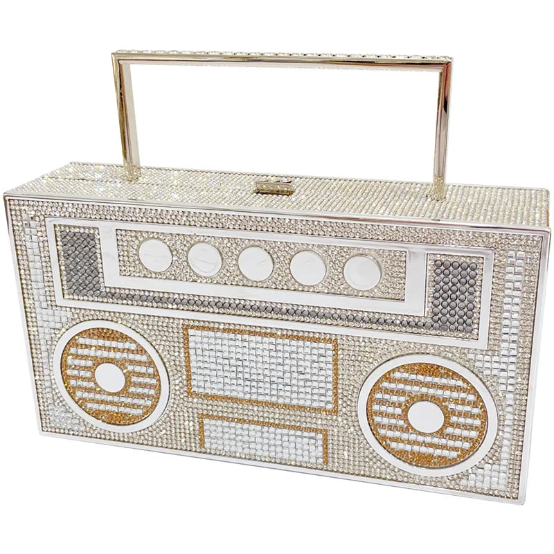 Women Retro Radio Shape Crossbody Bag Rhinestone Metal Vintage Evening Clutch Purses