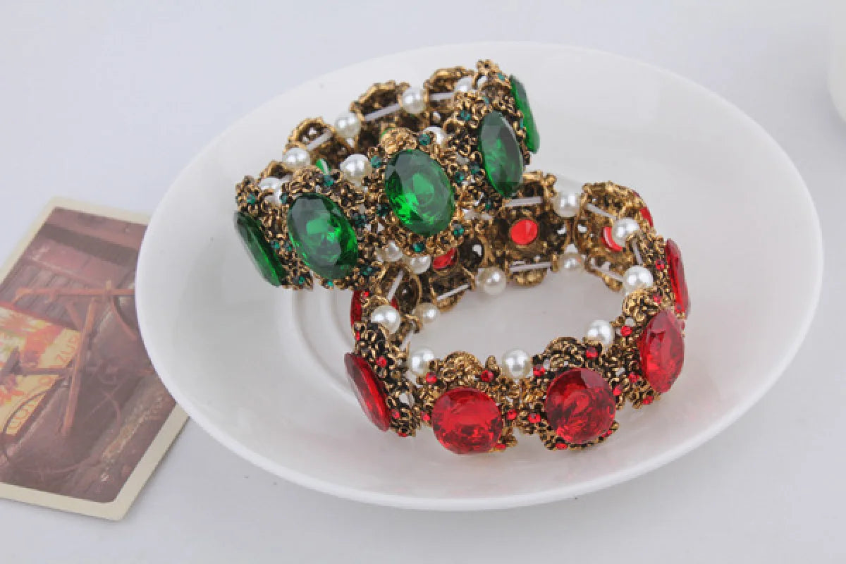 Women's Vintage Imitation Gem With Pearl Bracelet Elastic Bangles