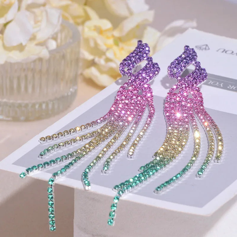 Sparkling Full Rhinestone Long Tassel Dangle Earrings