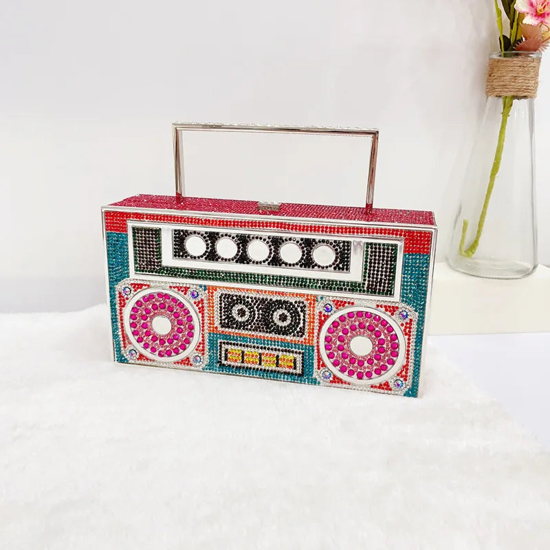 Women Retro Radio Shape Crossbody Bag Rhinestone Metal Vintage Evening Clutch Purses