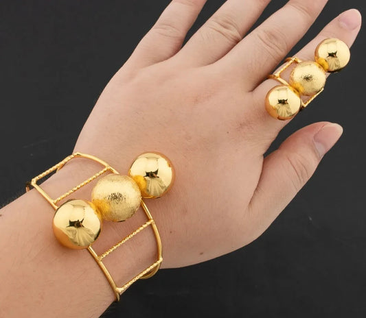 Gold Cuff Bangle with Ring Set Dubai Round Beads Design