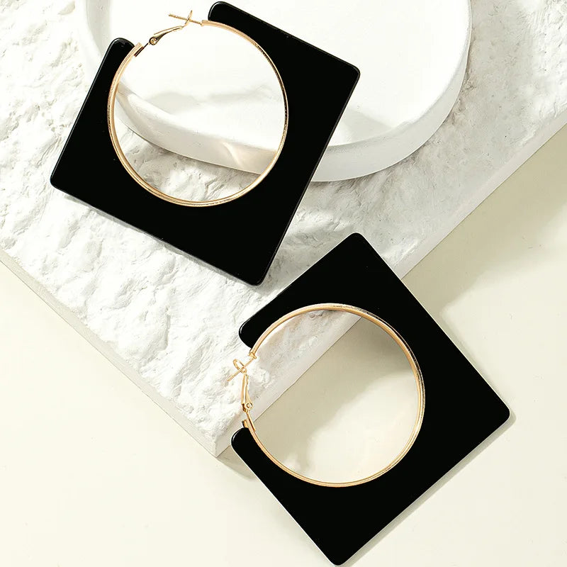 Exaggerated Vintage Square Hollow Black Resin Earrings