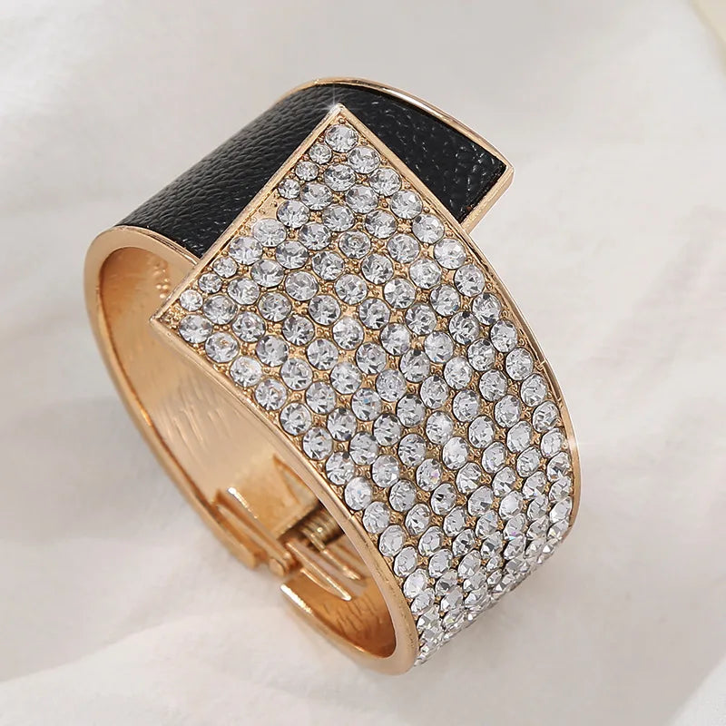 Fashion Geometric Cuff Bracelet For Women Crystal Spring Open Wide Leather Bracelet Trendy Party jewelry