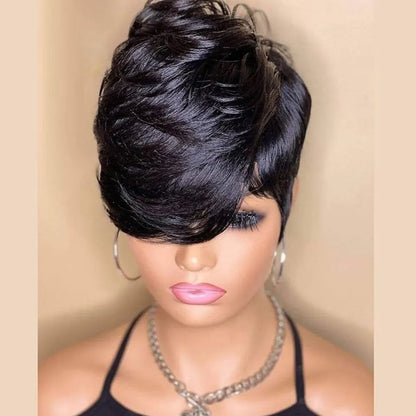 Short Pixie Cut Wigs Full Machine Made Wig With Bangs Glueless Remy Human Hair