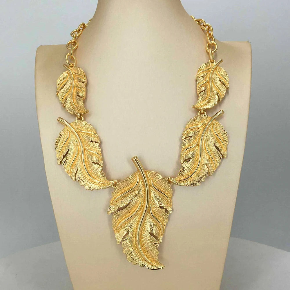 African Queen Big Leaf Gold Plated Jewelry Setsv