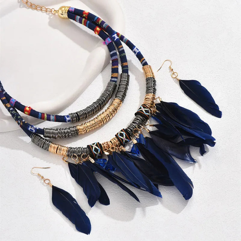 Fashion Vintage Ethnic Feather Choker Necklace Earrings Set