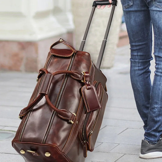 Vintage Top Layer Cowhide Large Capacity Luggage with Wheels for Business Trips Leather Trolley Luggage