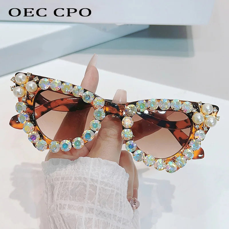 Shiny Diamonds Cat Eye Sunglasses Women 2023 Luxury Pearl Trends Punk Sun Glasses Female Shade UV400 Gradient Rhinestone Eyewear