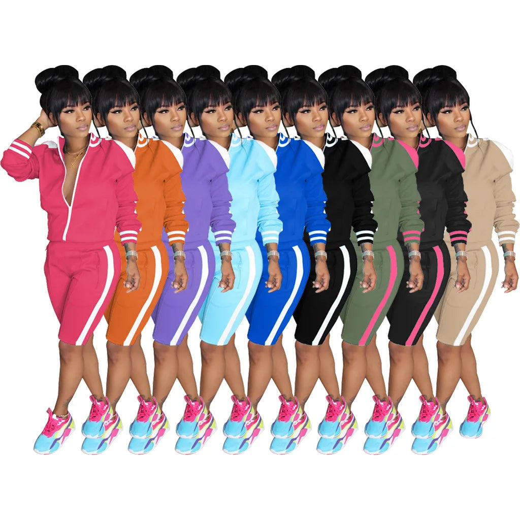 Women Sport 2 Piece Shorts OutfitsJogging Suits Cold Shoulder Zipper Jacket