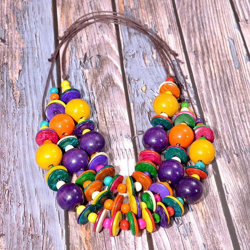 Ethnic Customs Multi Layer Handmade Big Bead Wood Necklace & Pendant Leather Chain