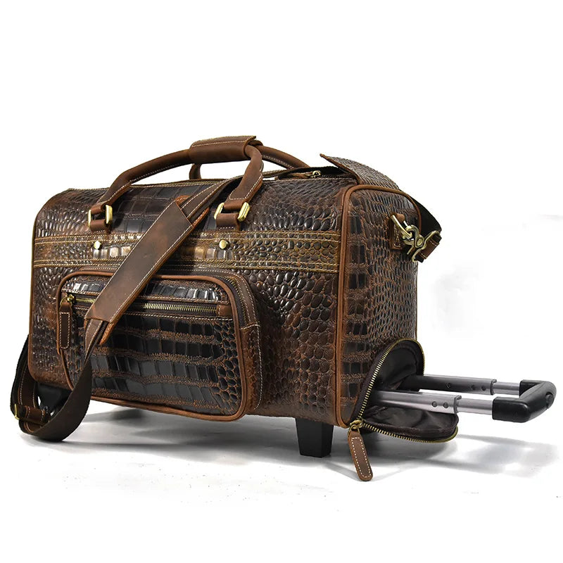 Designer Genuine Leather Men's Travel Bag Alligator Strip Real Leather Overnight Weekend Bag Large Capacity Men Hand Luggage Bag