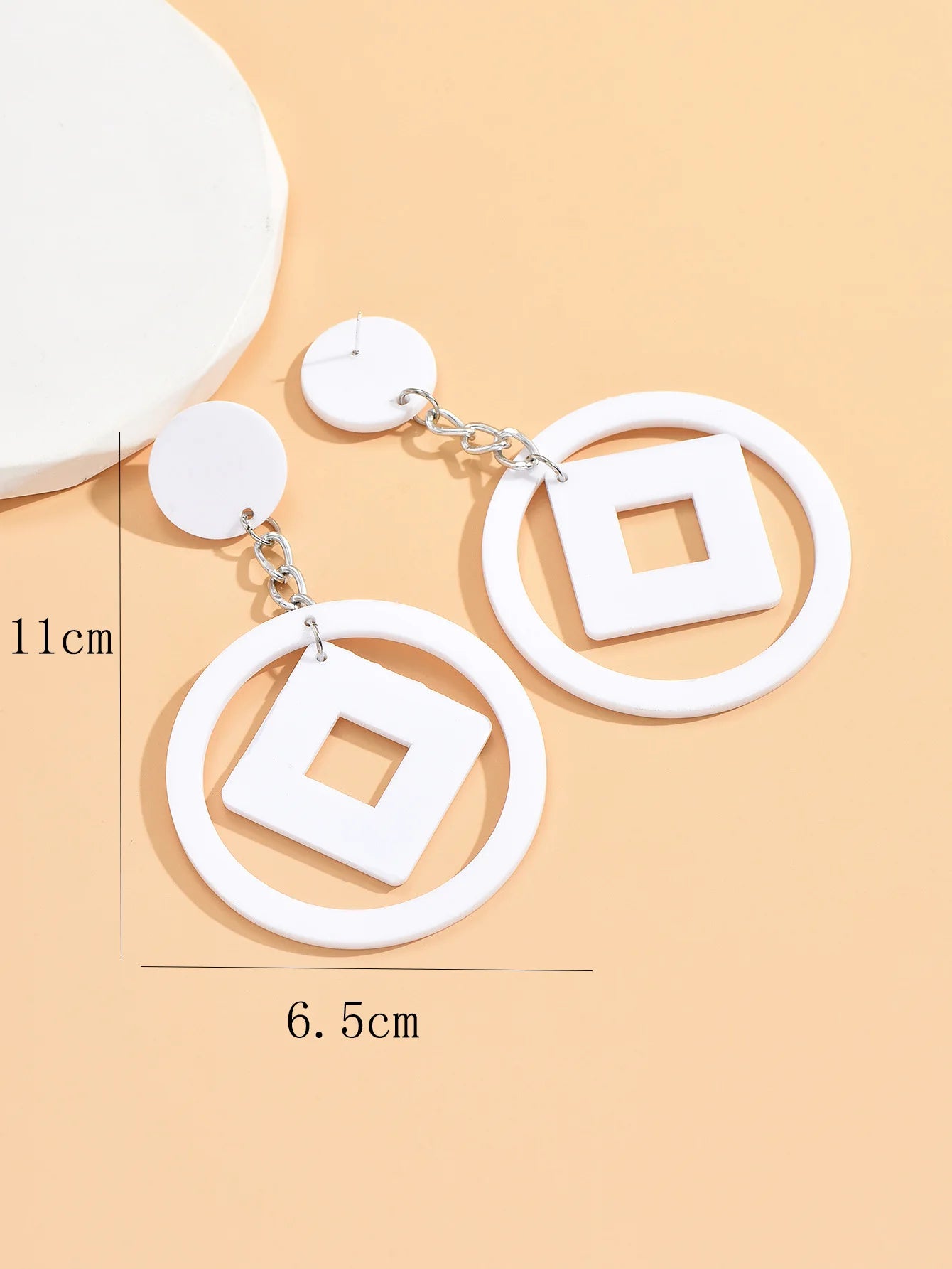 Exaggerated Long Chain Hollow Round Square White Acrylic Dangle Earrings