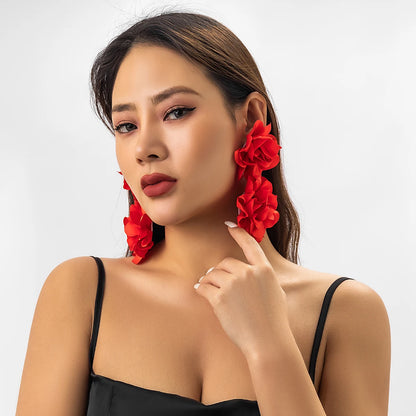 Exaggerated Handmade Red Petal Flower Drop Earrings