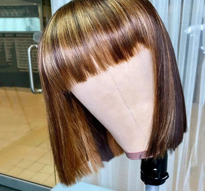 180D Short Cut P4/30 Highlight Straight Human Hair Wigs With Bangs