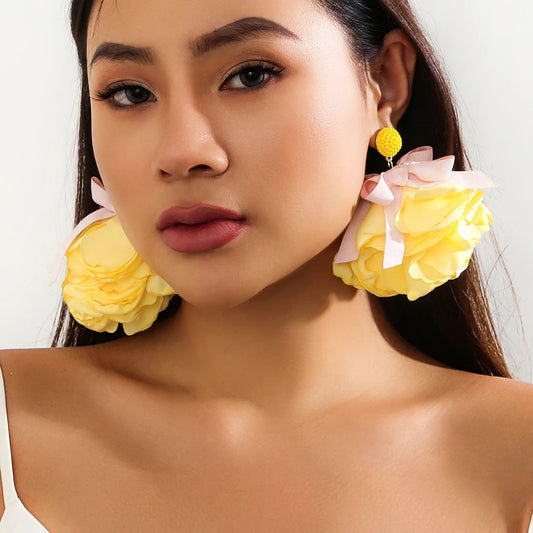 Exaggerated Colorful Large Fluffy Fabric Mesh Rose Flower Drop Earrings Women Trendy Elegant Petal Earrings Y2K Wed Accessories
