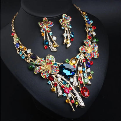 3AAA Crystal Flower Stained Glass Necklace Earring Set Wholesale Bridal Party Dress Jewelry