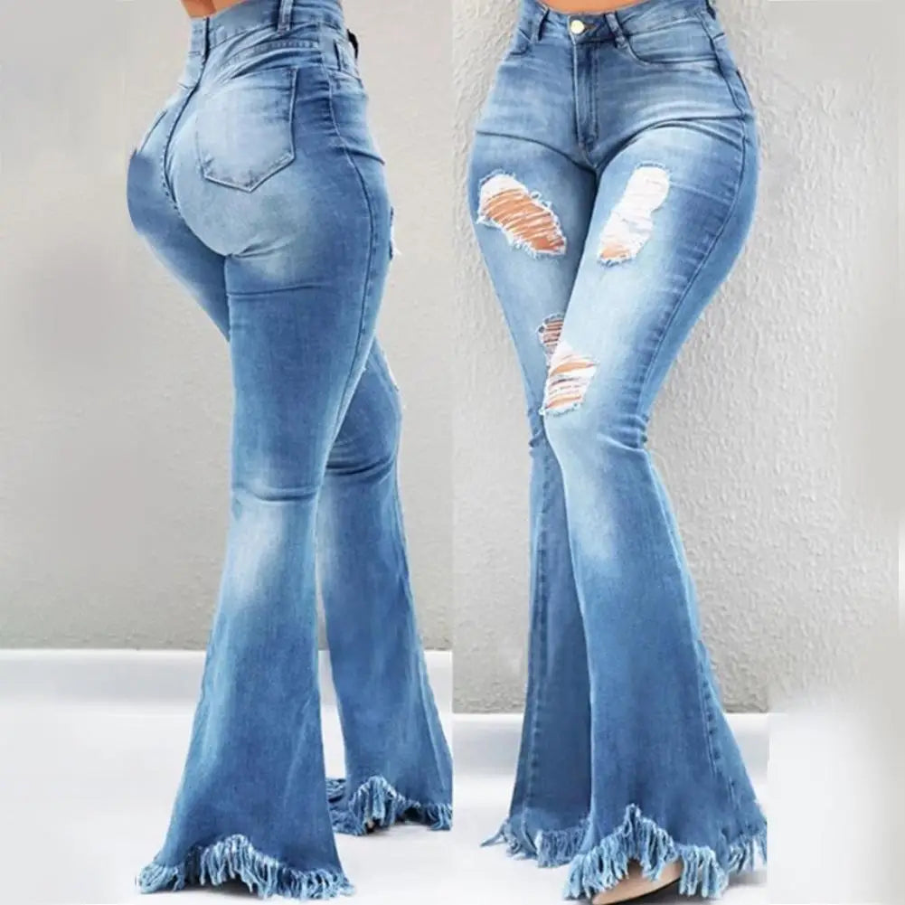 Denim Flared Jeans Women Pants High Waist Zipper Button Fly Ripped Holes Tassel Cuffs Autumn Winter Jeans