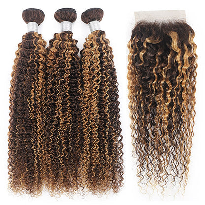 P4/27 Honey Blonde And Brown Jerry Curly Human Hair Bundles With 4x4 Lace Closure Peruvian Remy Hair Extention 220g/Set 10-24In