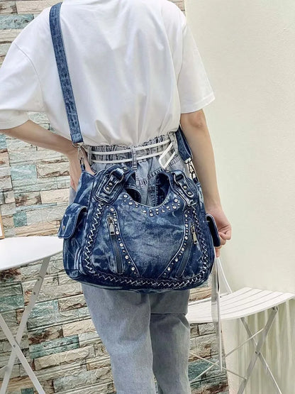 HIGHREAL High Quality Denim Women Handbag  Rivets Women Designer Shoulder Bag Large-Capacity Wash Denim Girls Messenger Bag