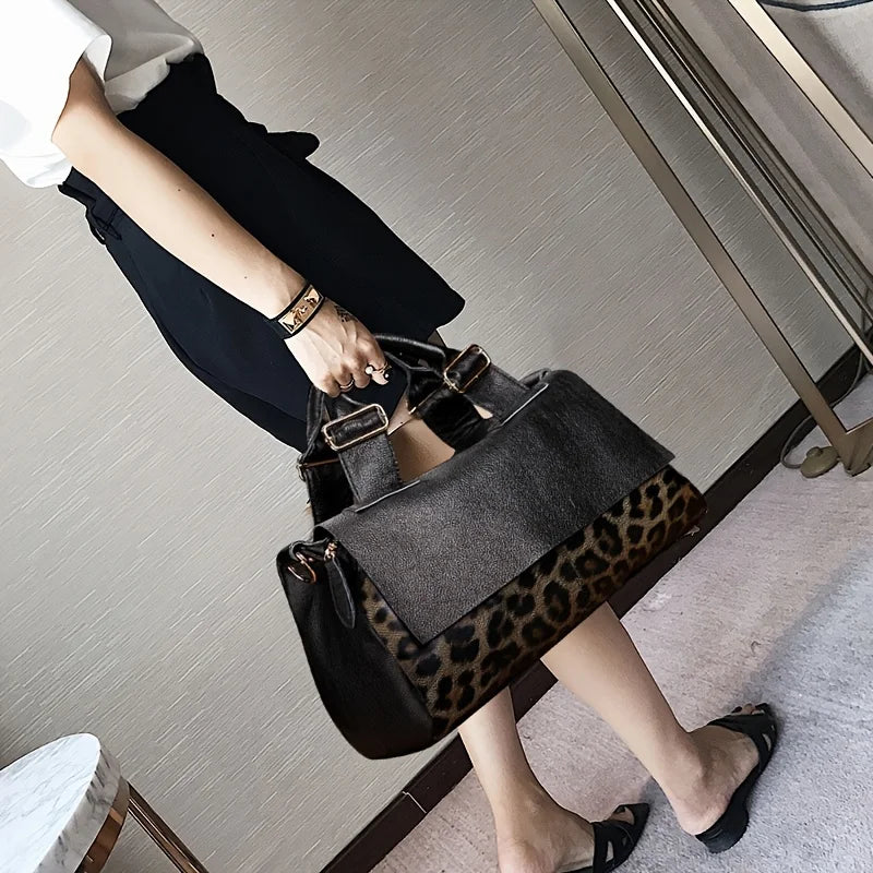 Leopard Pattern Flap Handbag, Double Handle Genuine Leather Bag