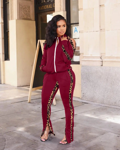 Women Suit Two-piece Leopard Print New Ladies Suit Warm Comfortable Stitching