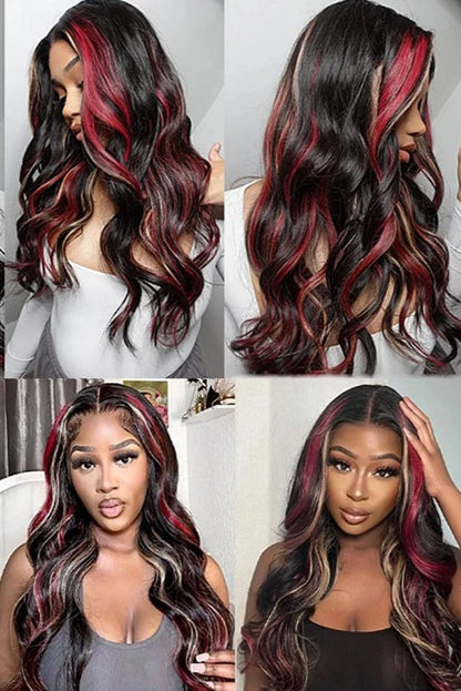 Highlights Red Blonde Colored Body Wave 13x4 Transparent Lace Frontal Wig Baby Hair Pre Plucked