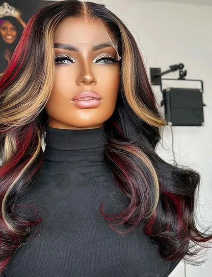 Highlights Red Blonde Colored Body Wave 13x4 Transparent Lace Frontal Wig Baby Hair Pre Plucked