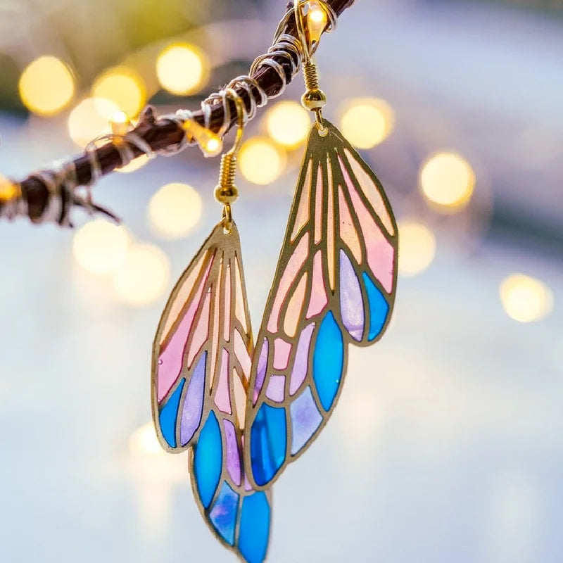 Iridescent Bohemia Fairy Wing Fantasy Gold Dangle Earrings