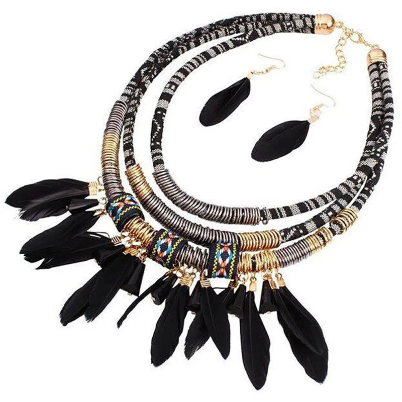 Fashion Vintage Ethnic Feather Choker Necklace Earrings Set