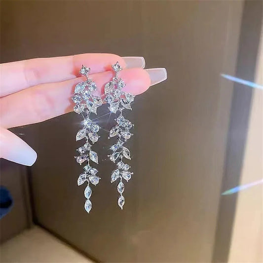 Luxury Leaf Crystal Long Earrings