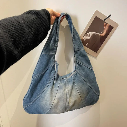 2023 New Winter Korean Fashion Shoulder Bag Lady Handbags Big Patchwork Denim Underarm Bags For Women Designer Bag And Purse