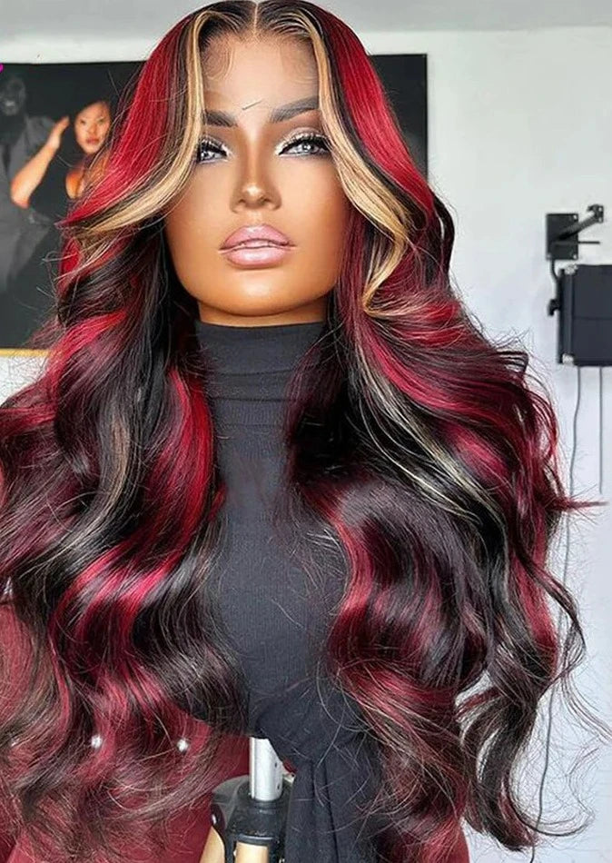 Highlights Red Blonde Colored Body Wave 13x4 Transparent Lace Frontal Wig Baby Hair Pre Plucked