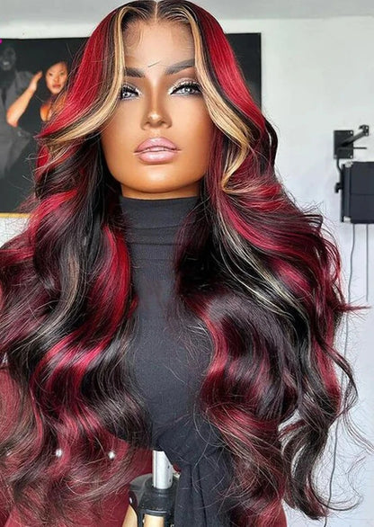 Highlights Red Blonde Colored Body Wave 13x4 Transparent Lace Frontal Wig Baby Hair Pre Plucked