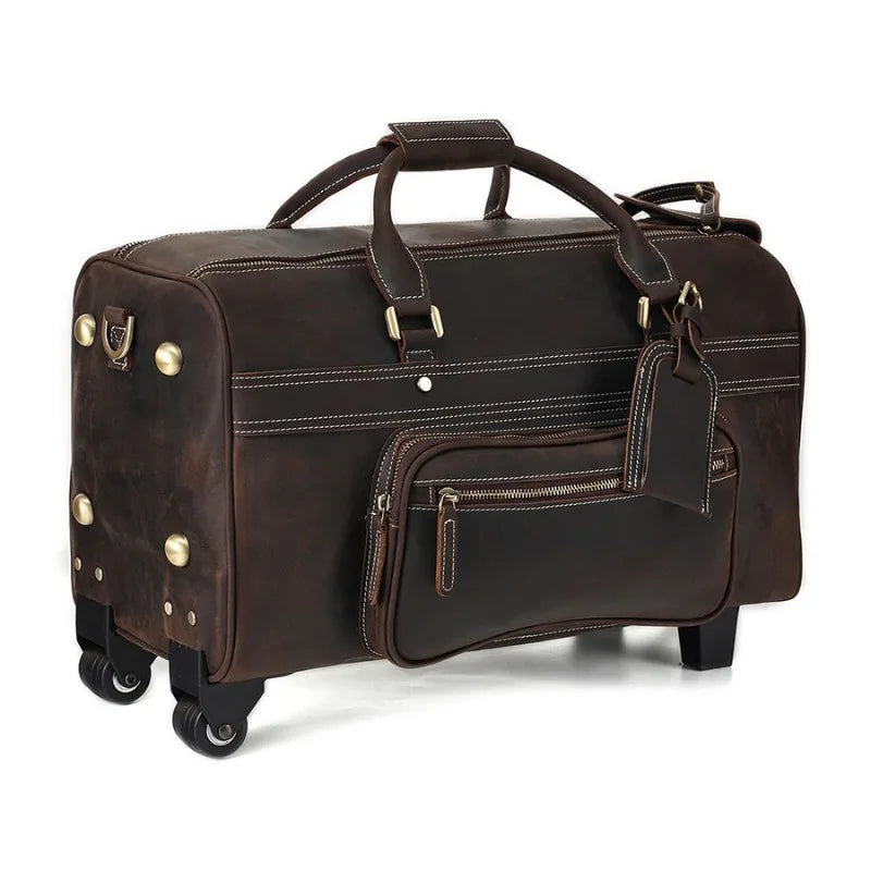 Vintage Top Layer Cowhide Large Capacity Luggage with Wheels for Business Trips Leather Trolley Luggage