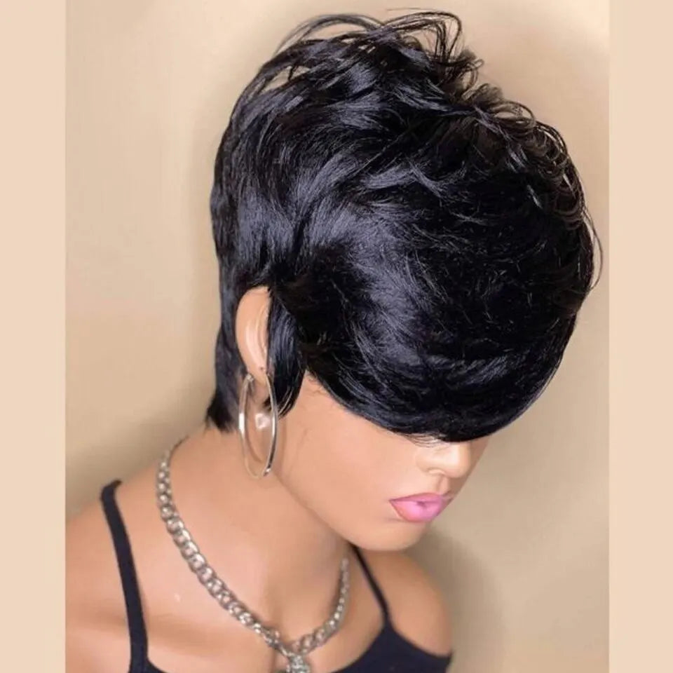 Short Pixie Cut Wigs Full Machine Made Wig With Bangs Glueless Remy Human Hair