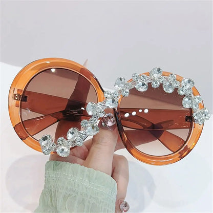 Rhinestone Decor Round Frame Sunglasses Oversized Asymmetrical Design Eyeglasses UV400 Protection Aesthetic Sun Glasses