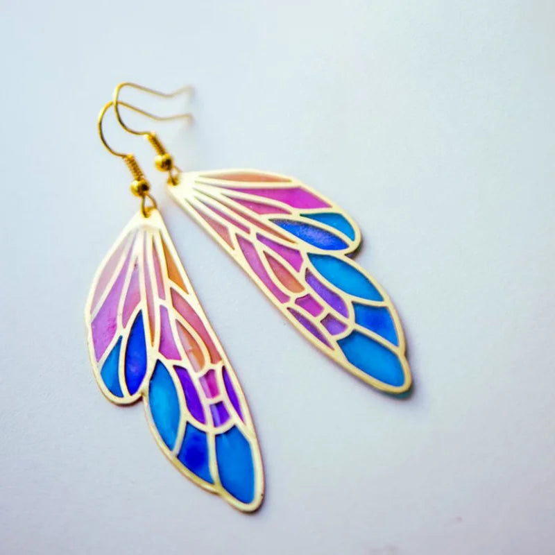 Iridescent Bohemia Fairy Wing Fantasy Gold Dangle Earrings