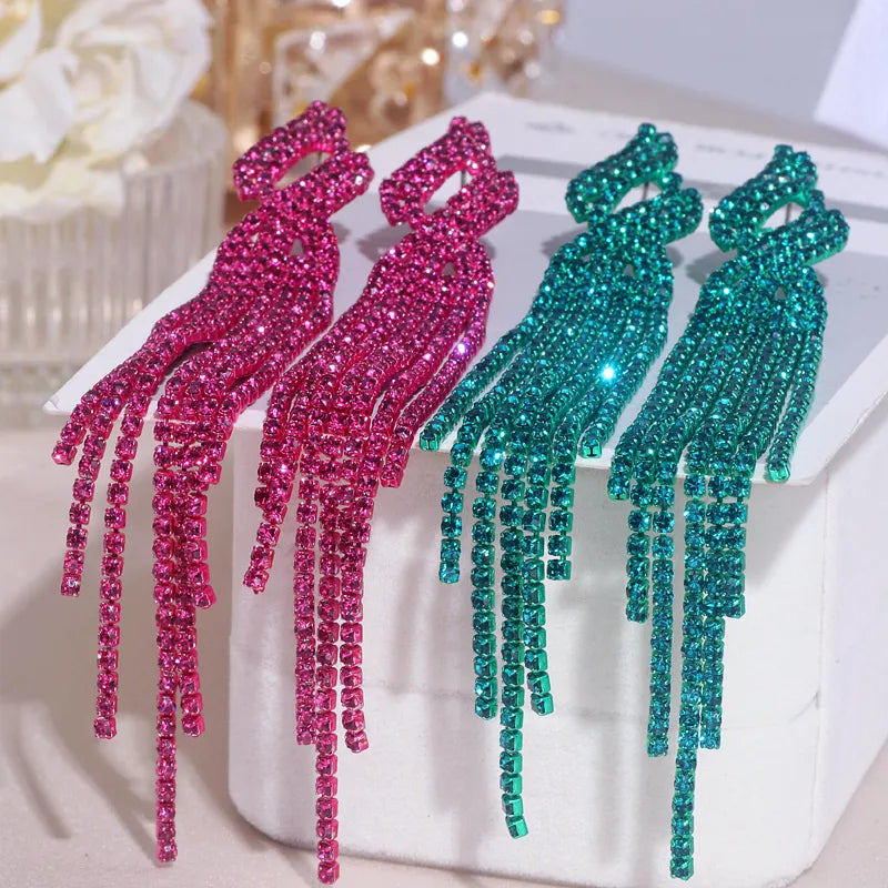 Sparkling Full Rhinestone Long Tassel Dangle Earrings