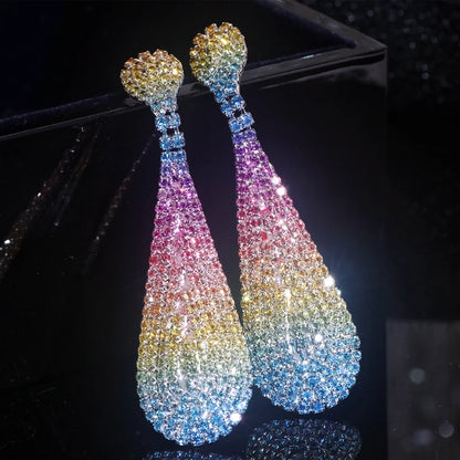 Fashion Shiny Rainbow Color Crystal Earrings for Women Luxury Rhinestone Drop Dangle